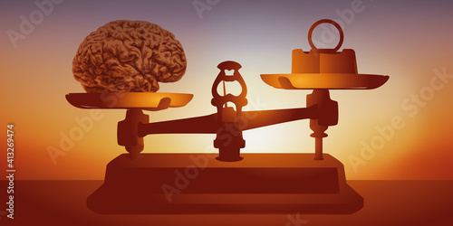 Concept de l’intelligence et du calcul du coefficient intellectuel, avec un cerveau sur une balance qui pèse plus lourd que le poids.