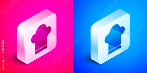 White Chef hat icon isolated with long shadow. Cooking symbol. Cooks hat. Red circle button. Vector.