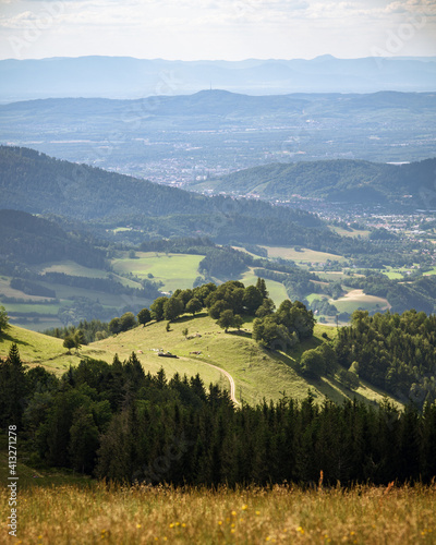 The view from the mountain Hinterwaldkopf in the Black Forest towards Freiburg and the vosges