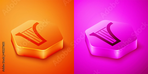 Isometric Harp icon isolated on orange and pink background. Classical music instrument, orhestra string acoustic element. Hexagon button. Vector.