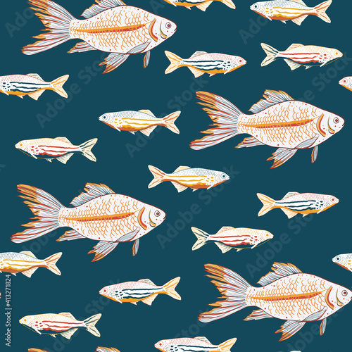 Vector hand drawn sardines and gold fishes seamless pattern print background.