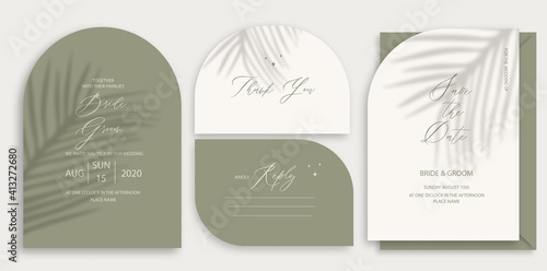 Modern wedding invitation, burnt orange wedding invitation template, arch shape with leaf shadow and handmade calligraphy.