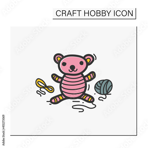 Amigurumi color handmade hand draw icon. Knitting a perfect teddy-bear, using needle pins and wool clew balls. Tenderly handmade crochet toy. Handmade concept. Isolated sketch vector illustration