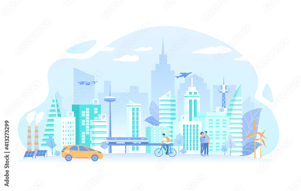 Urban landscape with building architecture, communication, infrastructure, transportation, services, eco energy. Smart City Skyline. Vector illustration flat style.