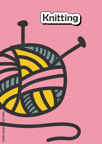 Knitting hobby brochure.Needle pins and wool clew ball. Creative hobby.Handmade knitting cover design and flyer layout templates.Vector illustrations with icon for marketing material, ads and magazine