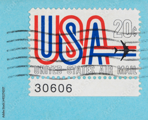 Briefmarke stamp gestempelt used frankiert cancel post letter mail brief  airmail lufpost usa amerika air mail america 30606 flugzeug plane 20c blau blue welle wave photo