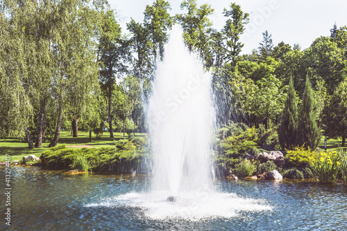 Fountain on the lake in the landscape park Mezhigirya near Kiev  Ukraine. 