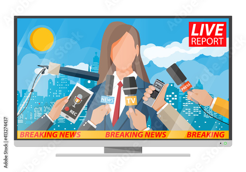 Woman public speaker. Live report. Hands of journalists with microphones and digital voice recorders. Press conference concept, news, media, journalism. Vector illustration in flat style