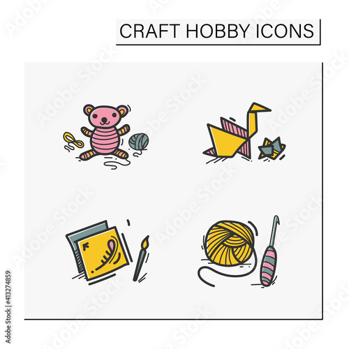 Craft hobby set hand drawn color icons. Handmade and homemade concept. Consist of crochet basics, decoupage, amigurumi, origami. Isolated sketch vector illustrations