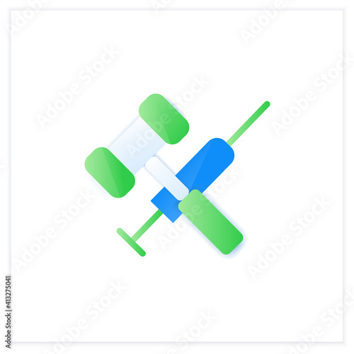 Vaccination law flat icon. Stop mandatory vaccination. Judge gavel and syringe. Legal requirements of vaccine development. Pandemic fight, covid19 vaccine. 3d vector illustration