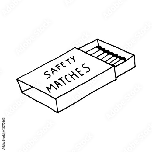 Box of Doodle Vector Safety Matches. Wooden sticks of matches in an open box. Packed matches. Drawn by contour on a white background.