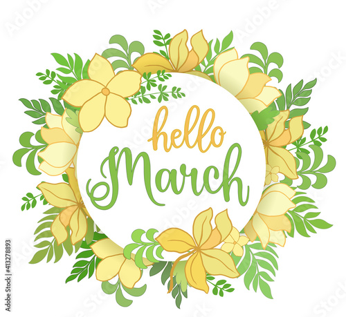 Handwritten, hello march, lettering message, design for cards, banners, posters.