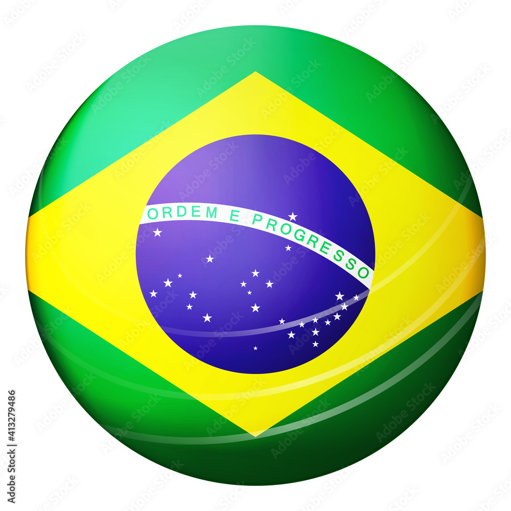Obraz premium Glass light ball with flag of Brazil. Round sphere, template icon. Brazilian national symbol. Glossy realistic ball, 3D abstract vector illustration highlighted on a white background. Big bubble.