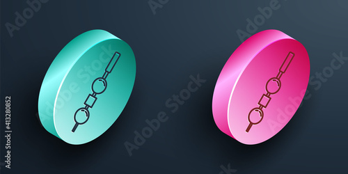 Isometric line Olive and cheese on chopstick icon isolated on black background. Canape, tapas with cheese and olive. Turquoise and pink circle button. Vector.