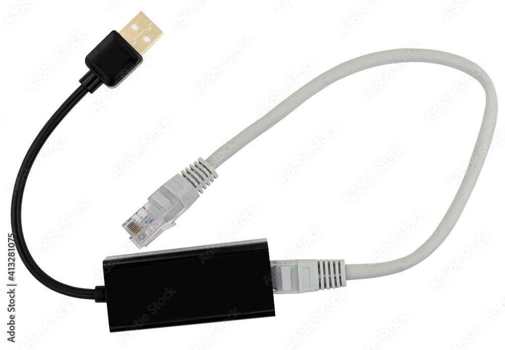USB network adapter with LAN wire on white USB network adapter with LAN wire on white