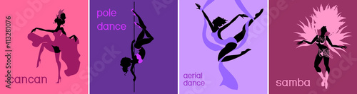 Various style dancing. Silhouettes of aerial, pole, cancan and samba dancer
