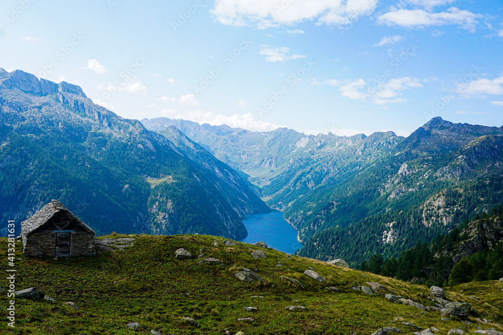 Corte di Mezzo & Lago del Sambuco within dramatic landscape of Val Lavizzara, Switzerland Corte di Mezzo & Lago del Sambuco within dramatic landscape of Val Lavizzara, Switzerland