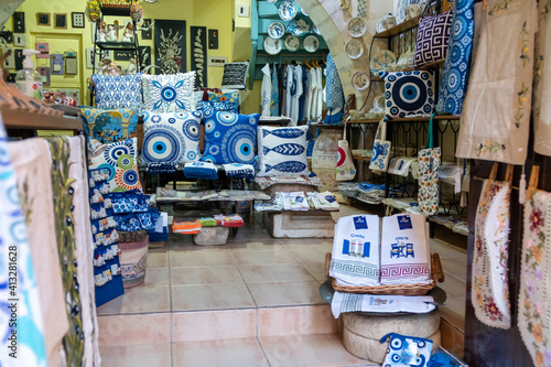 Souvenir shop interior in the old town of Chania on Crete island, Greece.