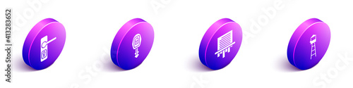 Set Isometric Door handle, Car key with remote, Paper shredder and Watch tower icon. Vector.
