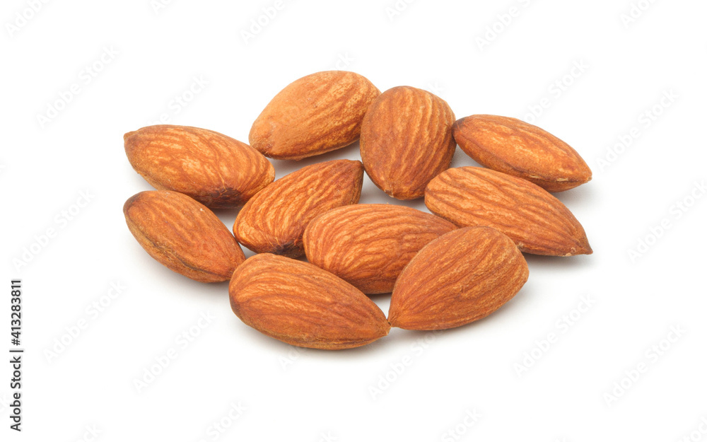 Closeup of almonds, isolated on the white background, Closeup of almonds, isolated on the white background,