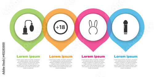 Set Penis pump, Plus 18 movie, Mask with long bunny ears and Dildo vibrator. Business infographic template. Vector.