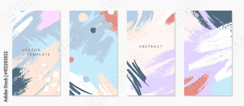Set of editable insta story templates with copy space for text.Modern vector layouts with hand drawn brush strokes and textures.Trendy design for social media marketing,digital post,prints,banners.