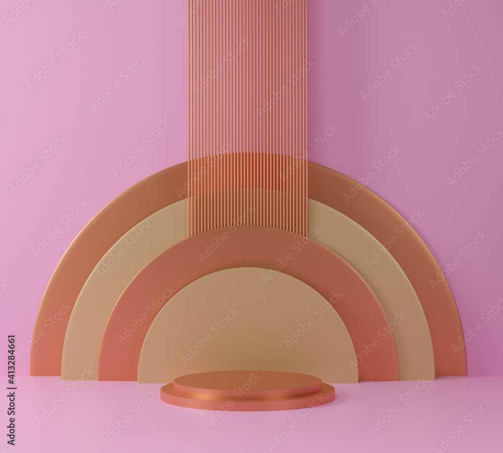 Obraz premium 3d render Geometrical abstract background Scenes with gold podium scenes in pink and gold background.