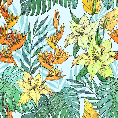 Seamless exotic pattern with tropical leaves and flowers. Blooming jungle