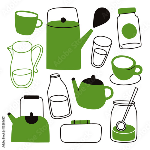 Teapot hand drawn ink vector illustration set old style. Tea coffee season autumn winter kettle set breakfast 
