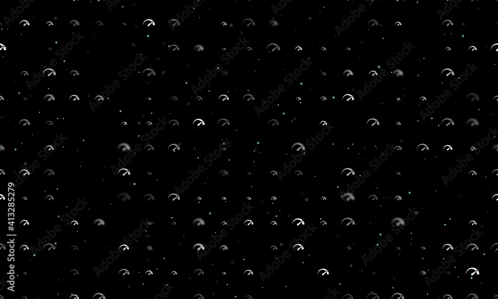 Seamless background pattern of evenly spaced white tachometer symbols of different sizes and opacity. Vector illustration on black background with stars Seamless background pattern of evenly spaced white tachometer symbols of different sizes and opacity. Vector illustration on black background with stars