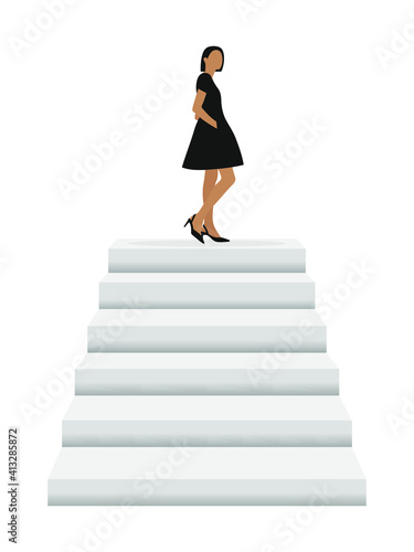 Female character in dress and shoes stands on the top step of the stairs on a white background