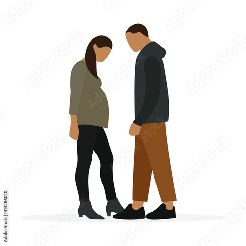 Male character and pregnant female character together on white background