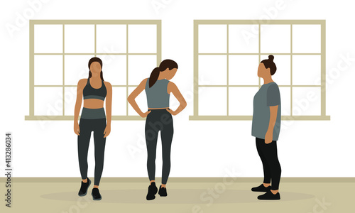 Three female characters in sportswear in a room with large windows