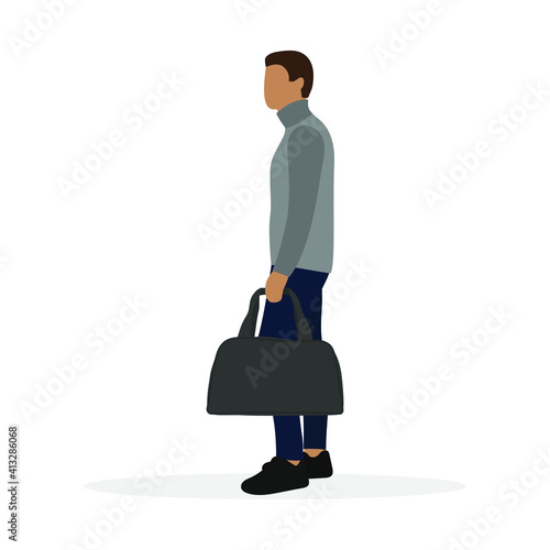 Male character stands with a sports bag in his hand on a white background