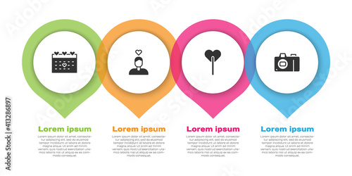 Set Calendar with heart, Couple in love, Lollipop and Photo camera. Business infographic template. Vector.