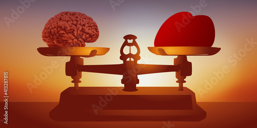 Concept de l’opposition entre l’amour et la raison, avec comme symbole, un cerveau et un cœur en équilibre sur une balance.