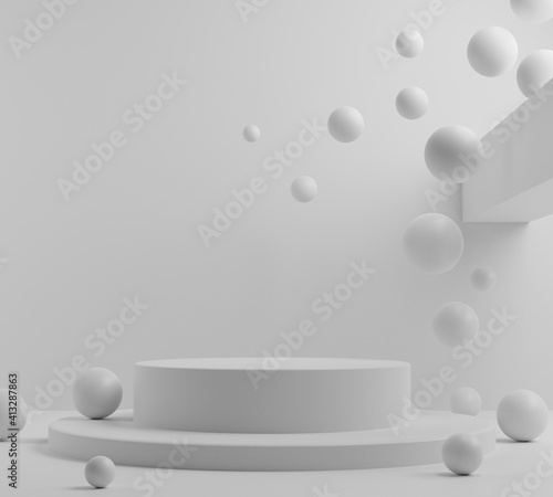 3d podium white on white background. Abstract minimal scene with geometrical forms. Scene to show cosmetic products. Showcase  display case.