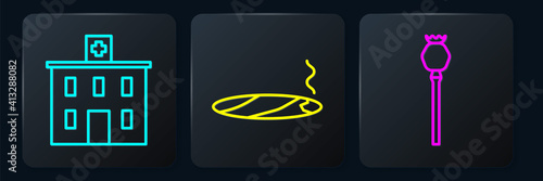 Set line Medical hospital building, Opium poppy and Cigar with smoke. Black square button. Vector.