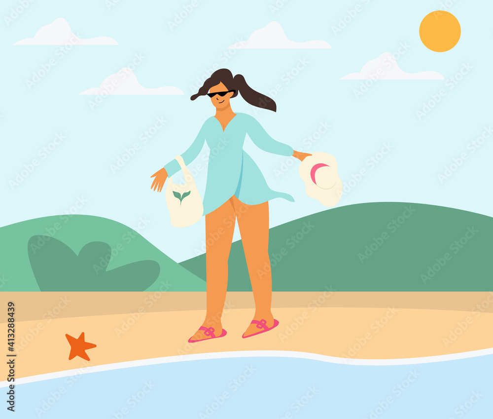 A woman stands by the lake in summer. Concept of outdoor recreation. Cute flat illustration at the reservoir. Outdoor swimming