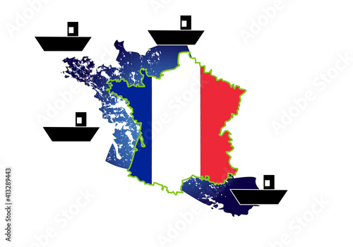 Barcos pesqueros alrededor del mapa de Francia, en aguas francesas