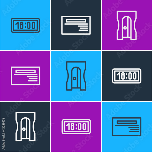 Set line Digital alarm clock, Pencil sharpener and Business card icon. Vector.
