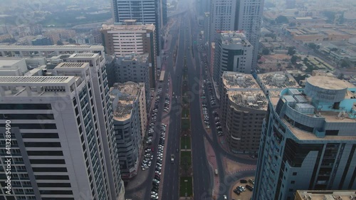 4K Aerial shot Sheikh Khalifa Bin Zayed Street Ajman with a foggy day photo