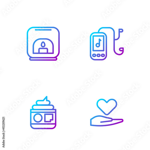 Set line Heart on hand, Cream or lotion cosmetic tube, Aroma lamp and Music player. Gradient color icons. Vector.