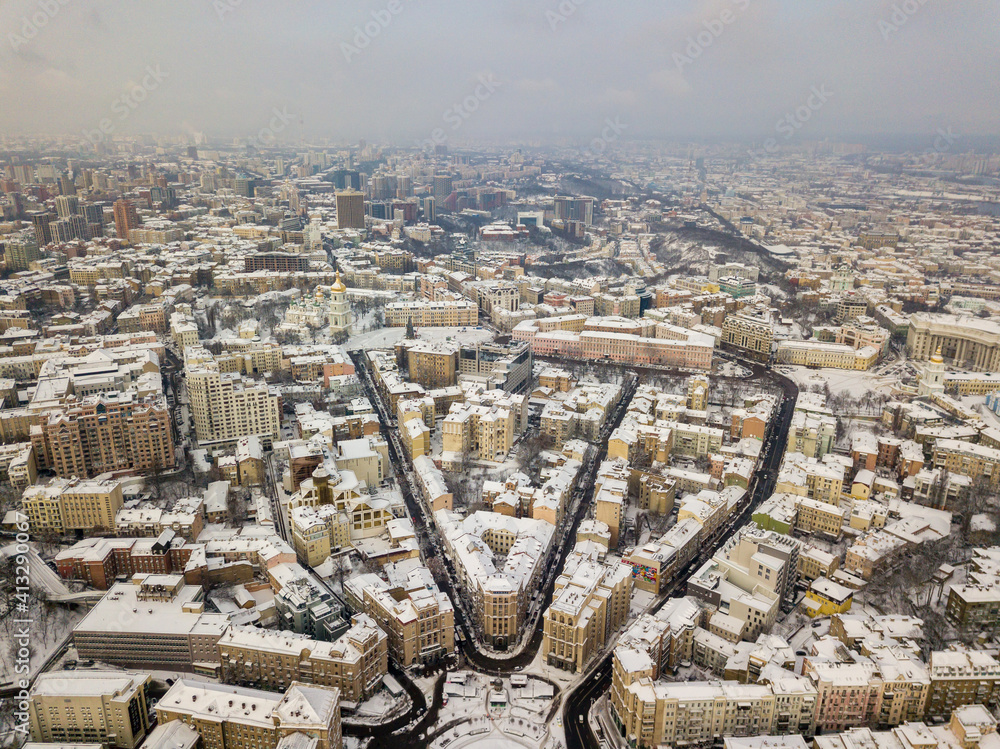 Independence Square in Kiev. Aerial drone view. Frosty winter snowy morning.