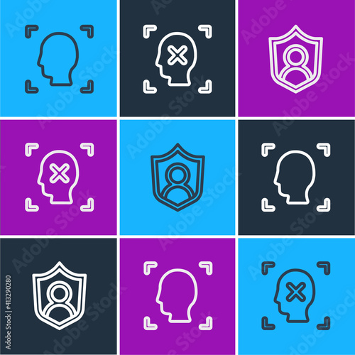 Set line Face recognition, User protection and Rejection face icon. Vector.