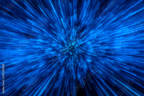 Speed of light in space on dark background. Abstract background in blue  yellow and orange neon colors. 3D rendering.