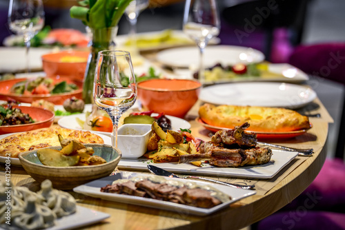 Traditional georgian cuisine and food  on the table in the restaurant