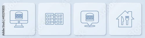 Set line Online ordering and delivery, burger, Restaurant cafe menu and . White square button. Vector.