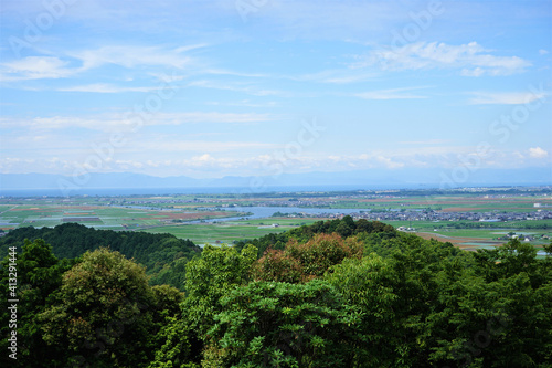 Aerial view of Lake biwa (Nishinoko) and city of Shiga from peak of Azuchi mountain in Shiga prefecture, Japan, rice paddy and wheat field pattern - 安土山山頂から琵琶湖 (西の湖) や街の眺望 滋賀県 日本
