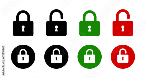 Set of lock icons, lock icon. Close and open lock symbols. Icons of locked and unlocked lock on white background. Safety symbols. Vector illustration.